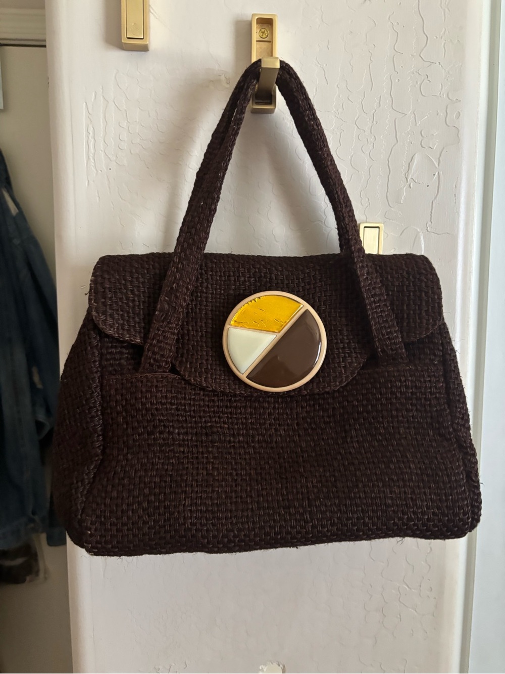 Dark Brown Woven Top-Handle Bag with Tricolor Accent snap gem